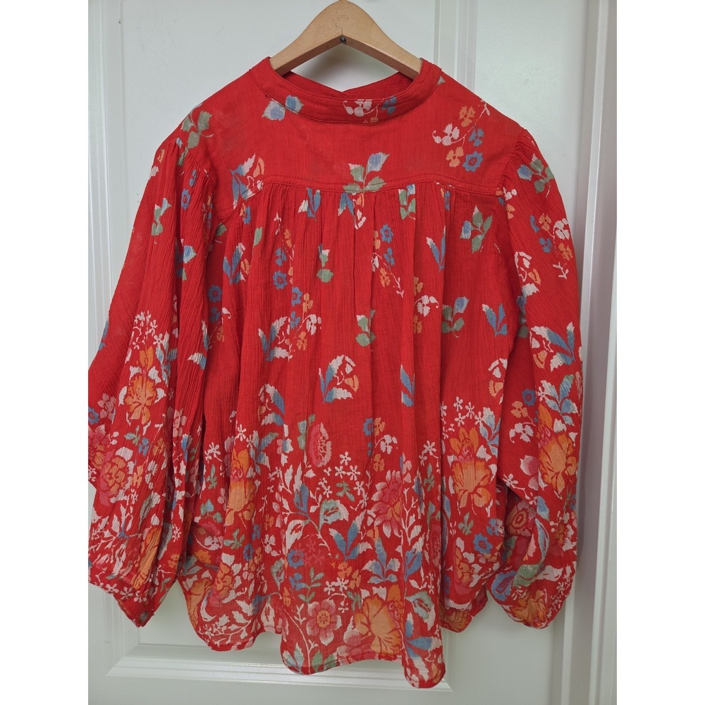 Pilcro Anthropologie Sidney Batwing Peasant Blouse Red Floral Gauze Top Sz S - Picture 3 of 8